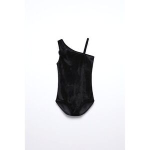 Zara Kids Girls 8 Black Velvet One Shoulder Flower Bodysuit‎ NWT Snap Bottom